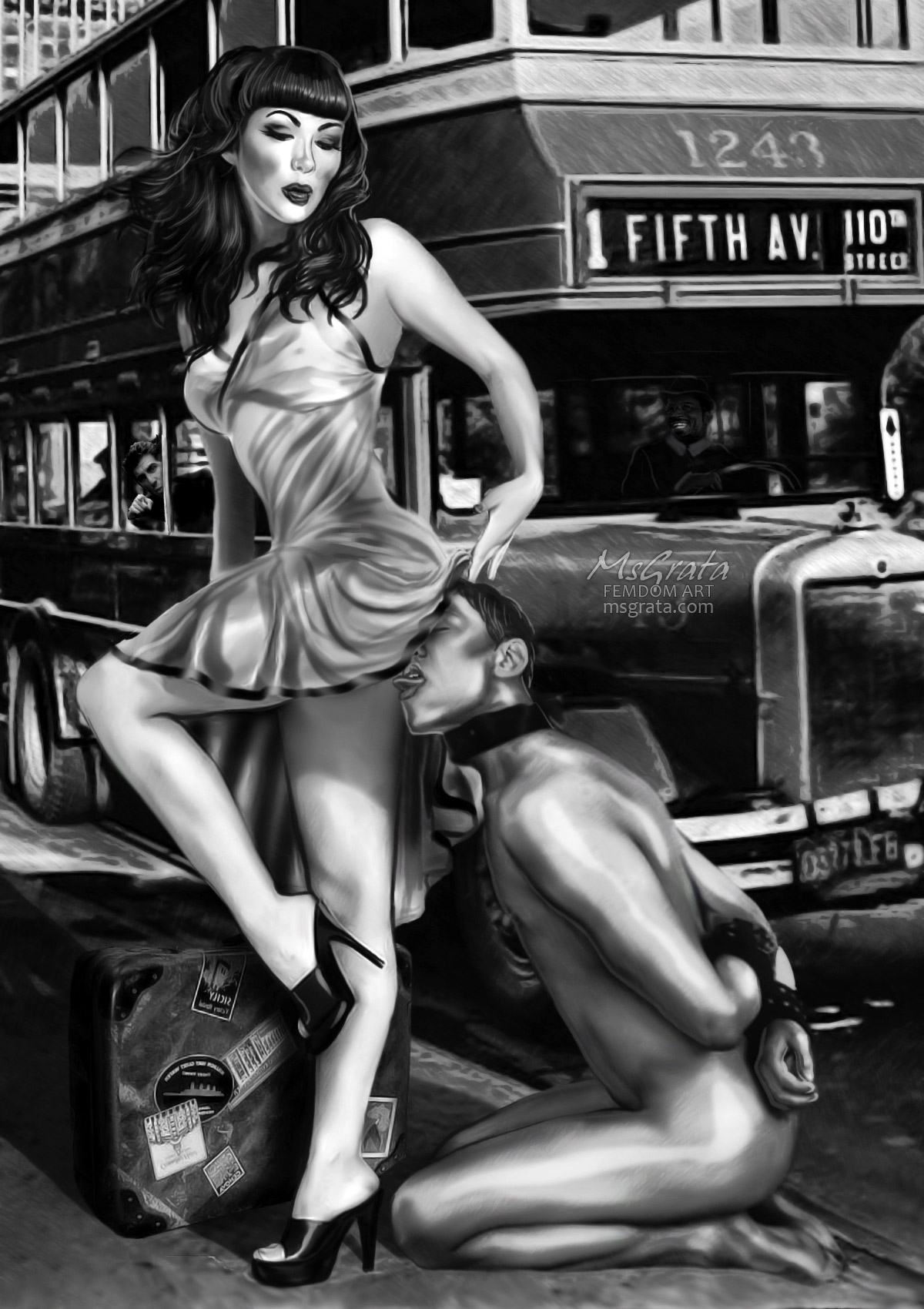 Asian Mistress facesitting slave public humiliation MsGrata's drawn femdom art